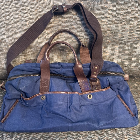 J. Fold Roadster Duffel Bag Blue Canvas Brown & Leather (Authentic Pre-Owned) - Picture 3 of 15